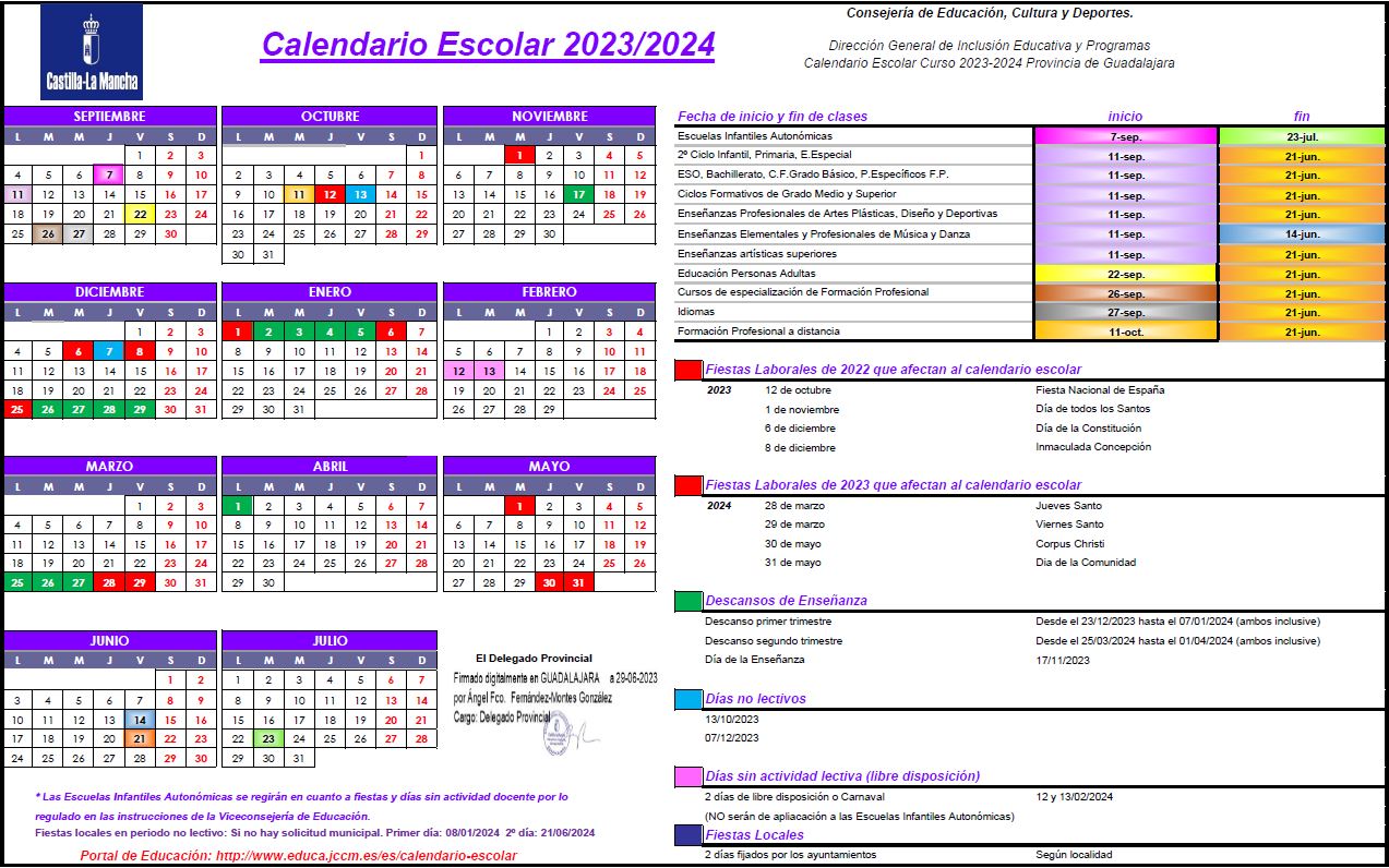 Calendario Escolar curso 20232024 Provincia de Guadalajara CEIP San Antonio de Portaceli
